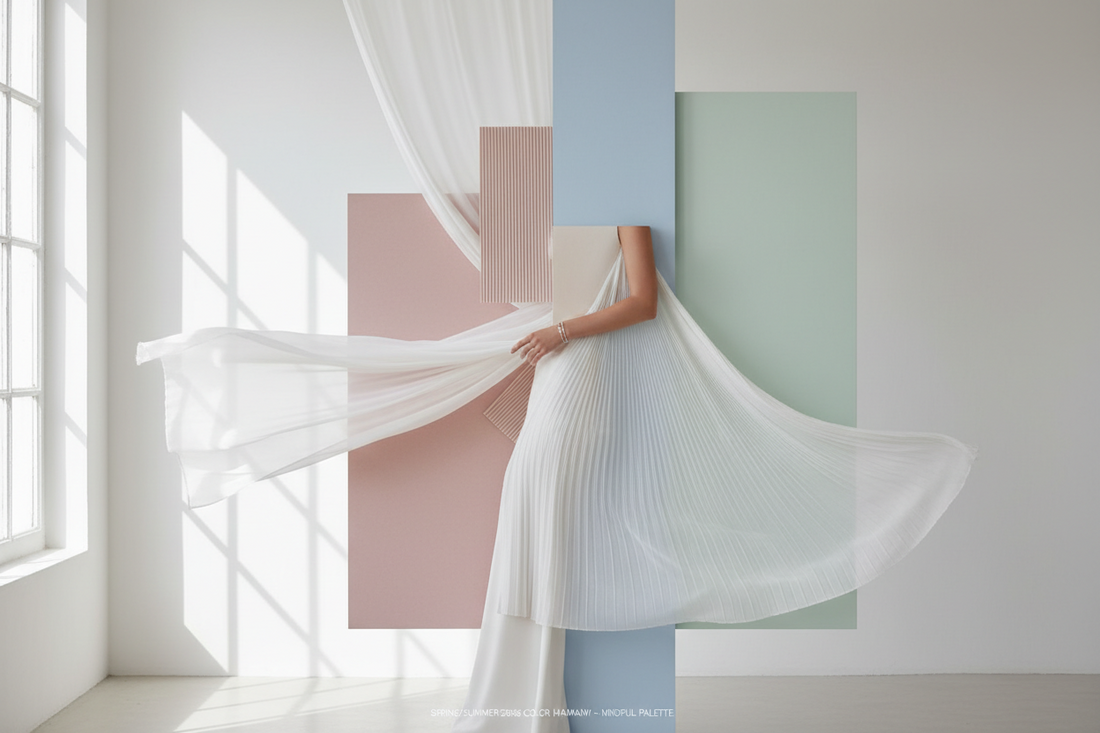 Composición minimalista de colores Primavera-Verano 2026 con tonos Cloud Dancer, beige y pasteles suaves