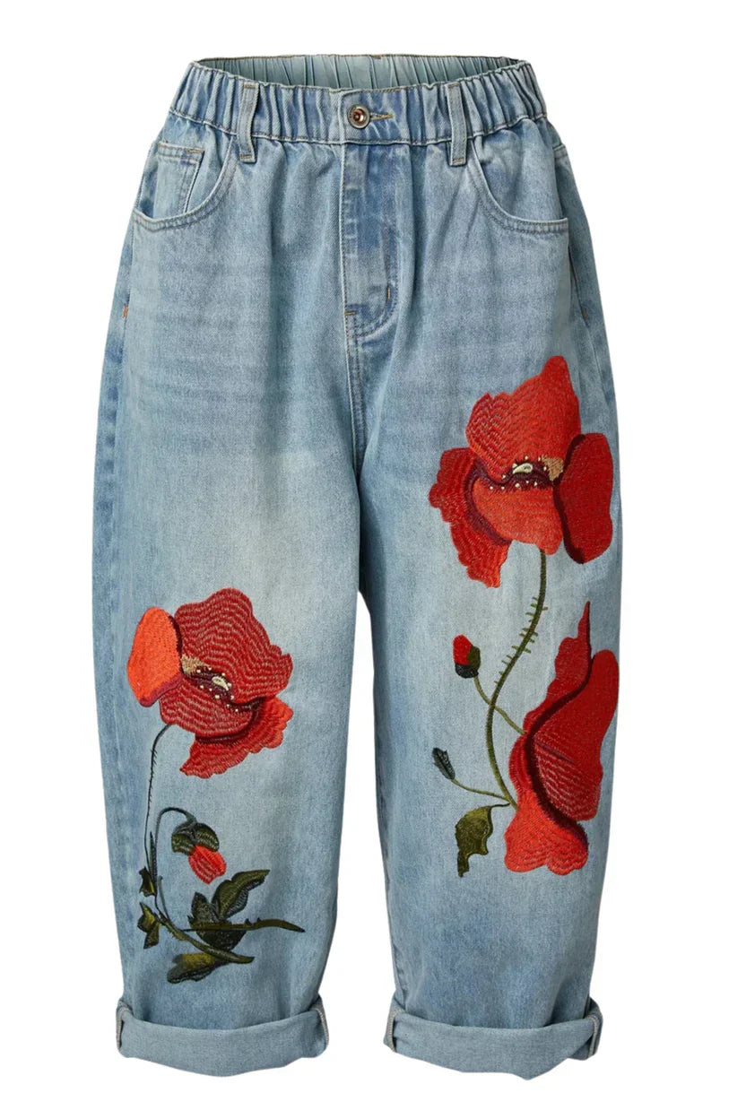 pantalon vaquero de wendy trendy con amapolas bordadas