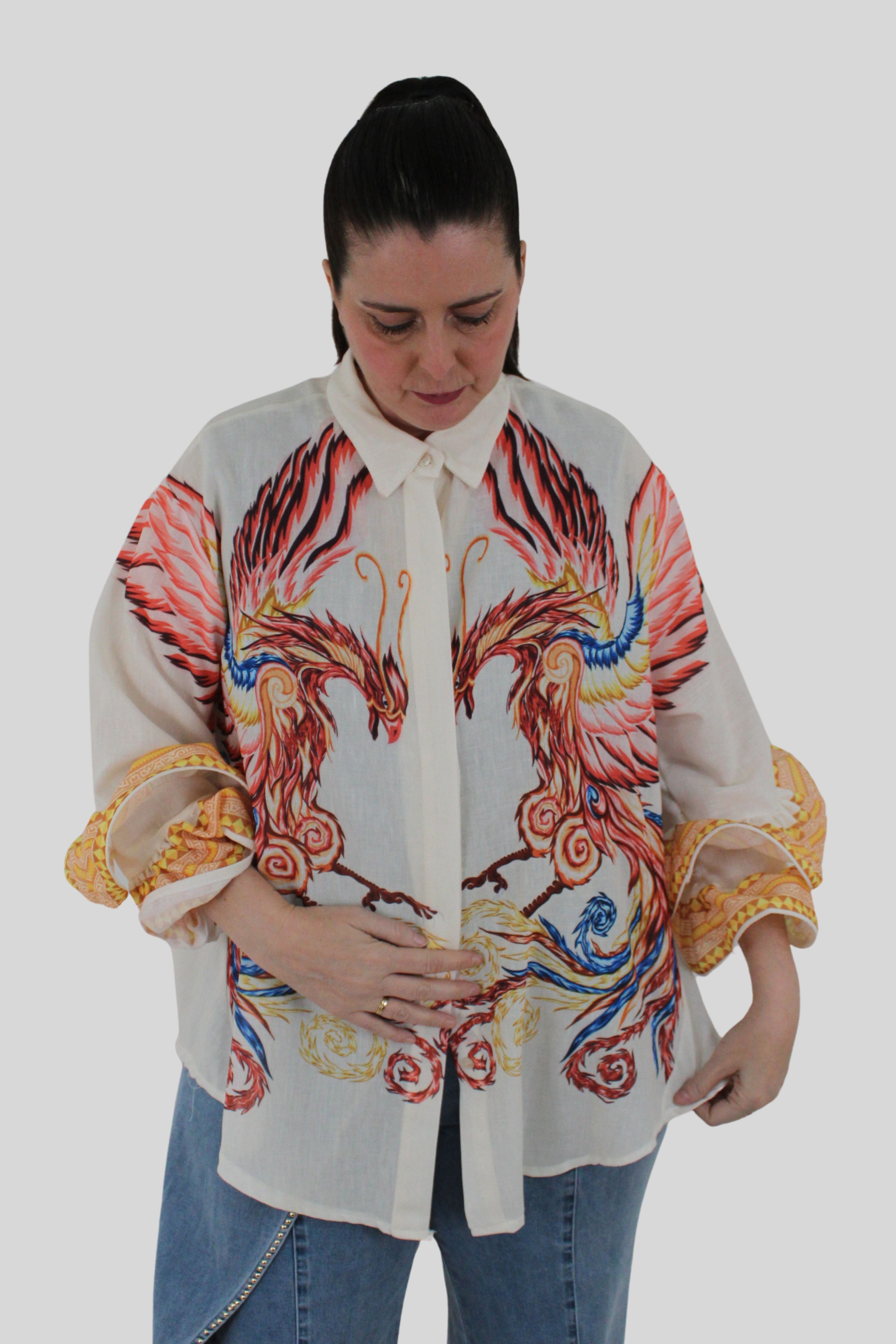 camisa de jot_milano con ave fénix estampado fabricada en Italia