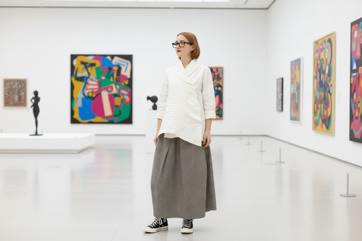 Mujer con falda larga gris y zapatillas - Faldas fluidas Lykke