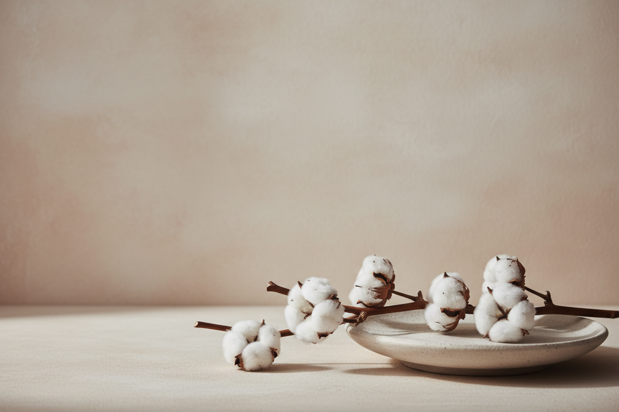 Flores de algodón sobre fondo beige minimalista - Colección completa moda femenina Lykke