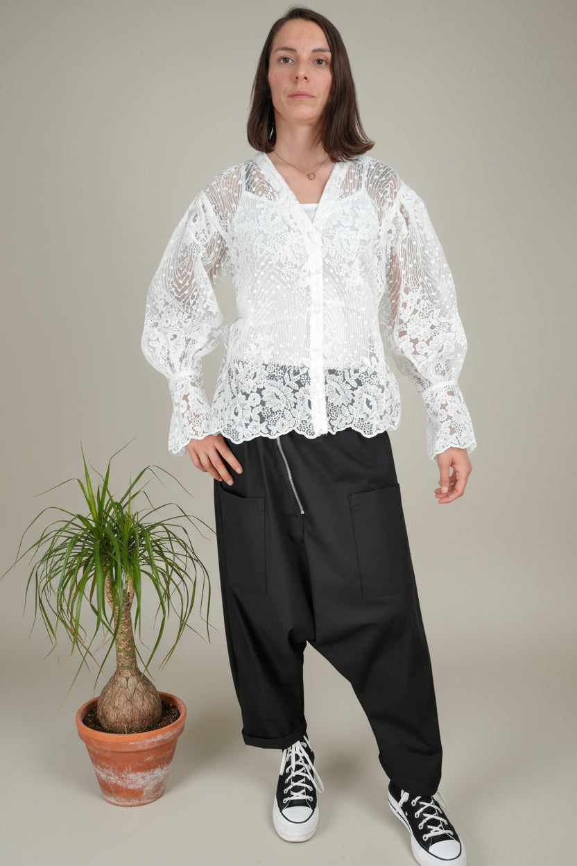 Camisa Encaje Bordado Transparente Blanca