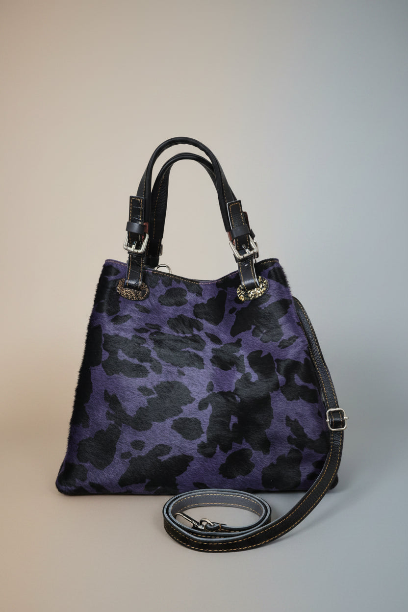 Bolso Cuero Italiano Leopardo Morado Reversible LYKKE