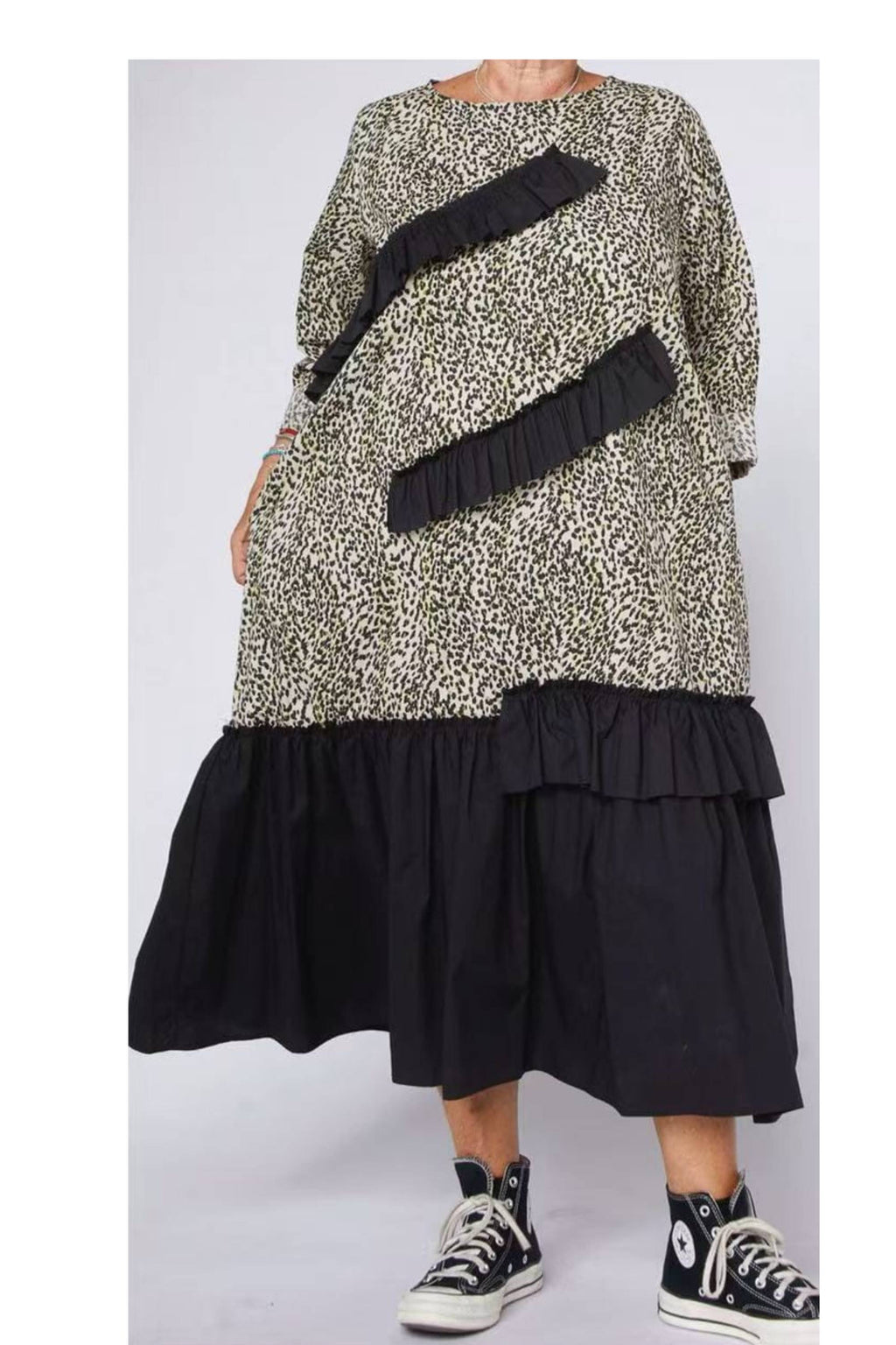 Vestido Maxi Dos Texturas Volantes Diagonales Leopardo Negro | Wendy Trendy