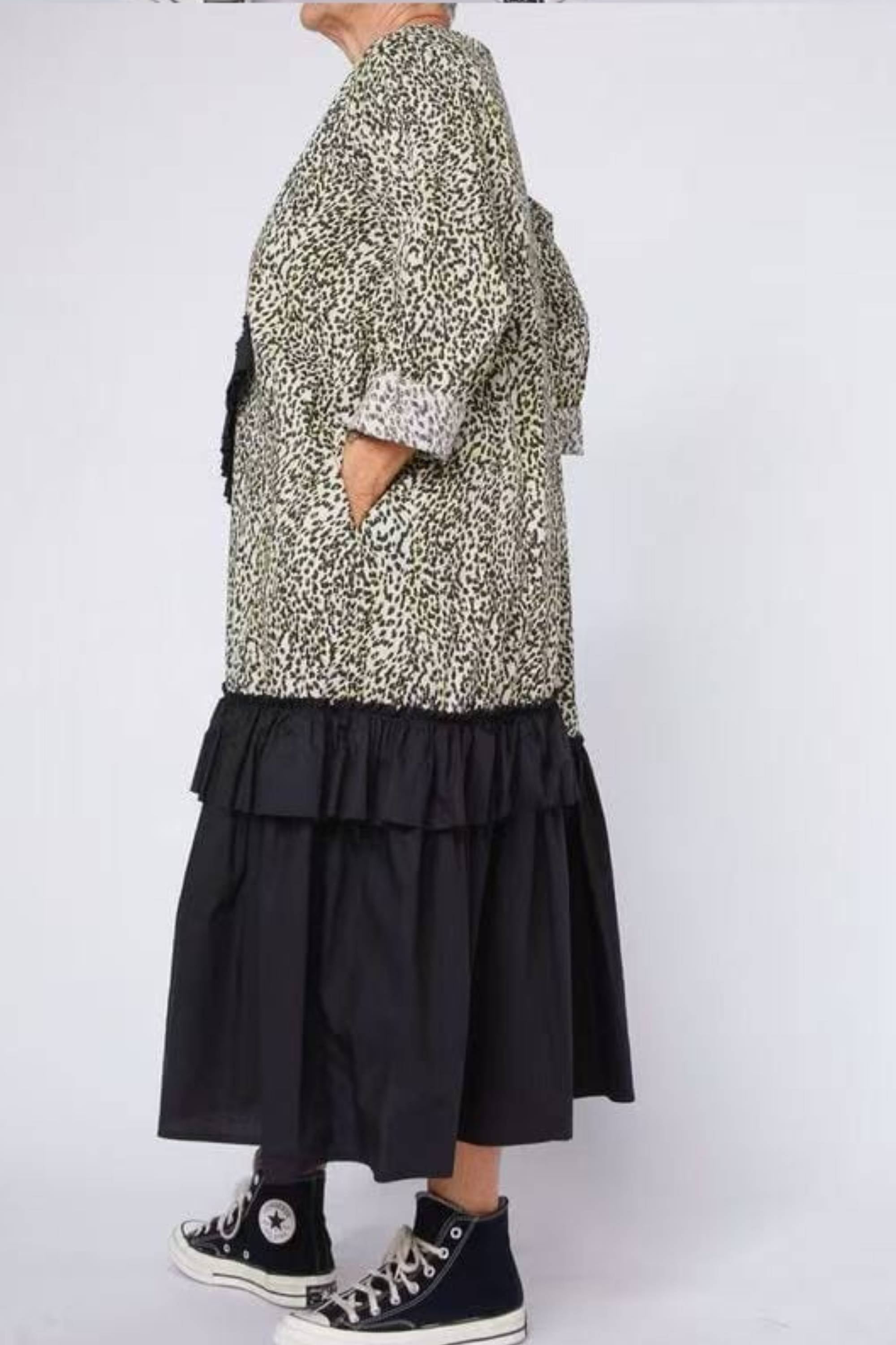 Vestido Maxi Dos Texturas Volantes Diagonales Leopardo Negro | Wendy Trendy