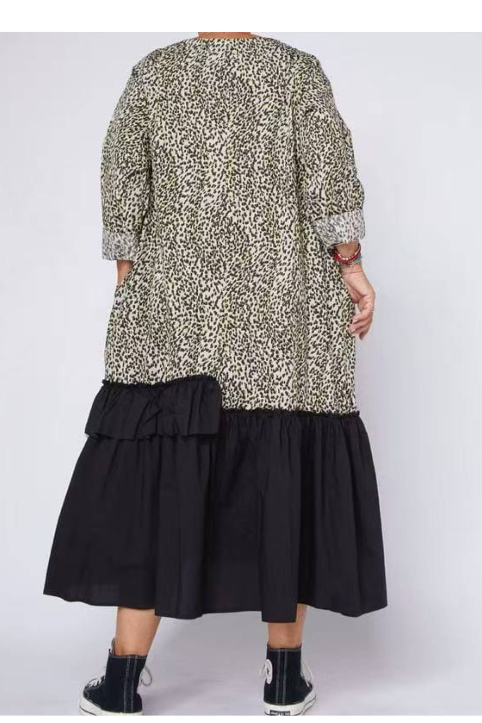 Vestido Maxi Dos Texturas Volantes Diagonales Leopardo Negro | Wendy Trendy