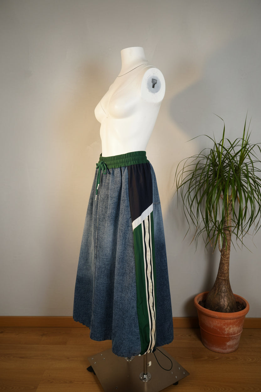 Falda Midi Vaquera Rayas Deportivas Panel Color | Nefelibata