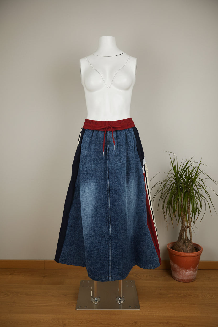 Falda Midi Vaquera Rayas Deportivas Panel Color | Nefelibata