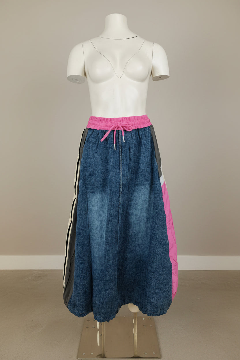 Falda Midi Vaquera Rayas Deportivas Panel Color | Nefelibata