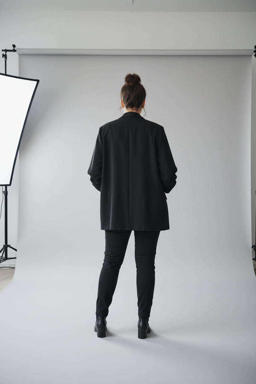 Blazer Oversize Negro Manga Fruncida Cuello Chal Curvy | YOLYKKE