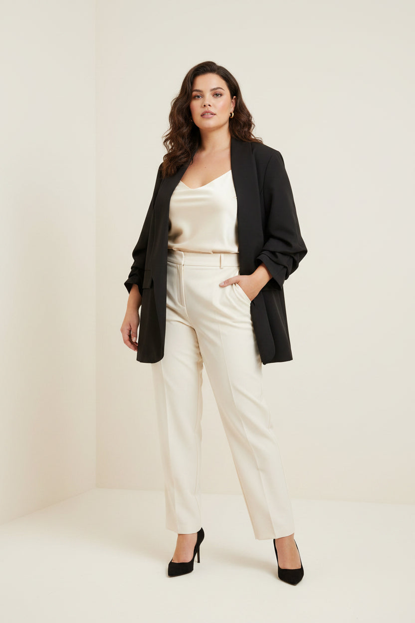 Blazer Oversize Negro Manga Fruncida Cuello Chal Curvy | YOLYKKE