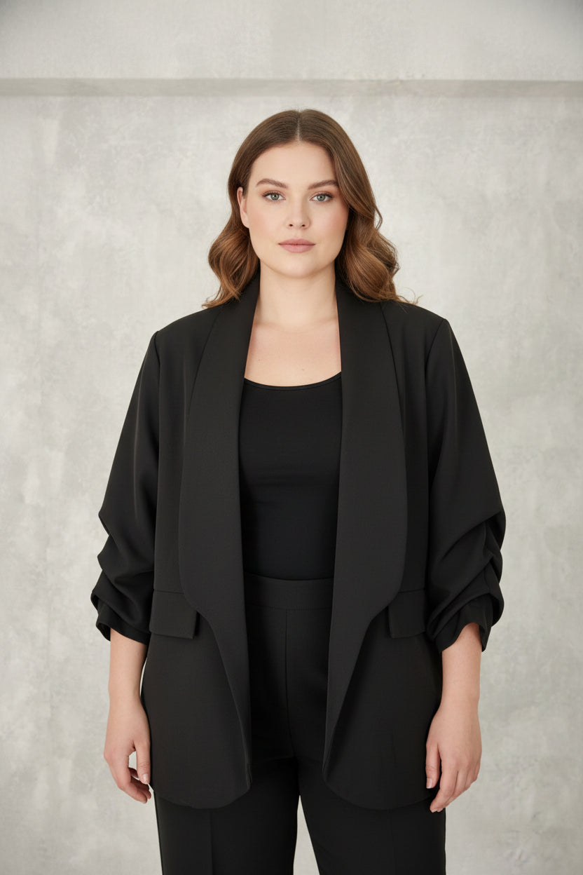Blazer Oversize Negro Manga Fruncida Cuello Chal Curvy | YOLYKKE