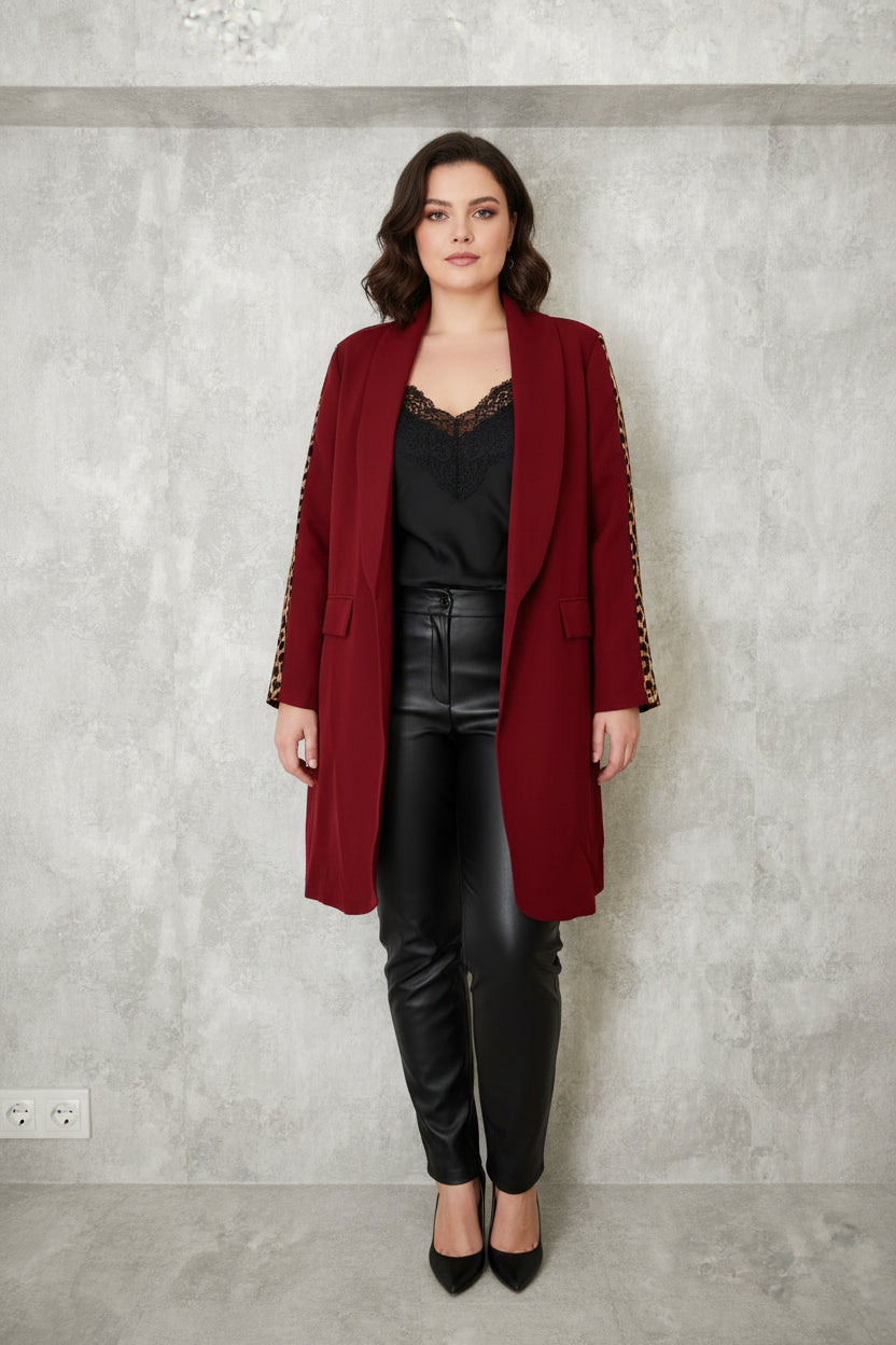 Blazer Largo Solapa Chal Detalle Leopardo Manga Negro Burdeos | YOLYKKE