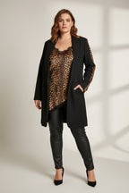 Blazer Largo Solapa Chal Detalle Leopardo Manga Negro Burdeos | YOLYKKE