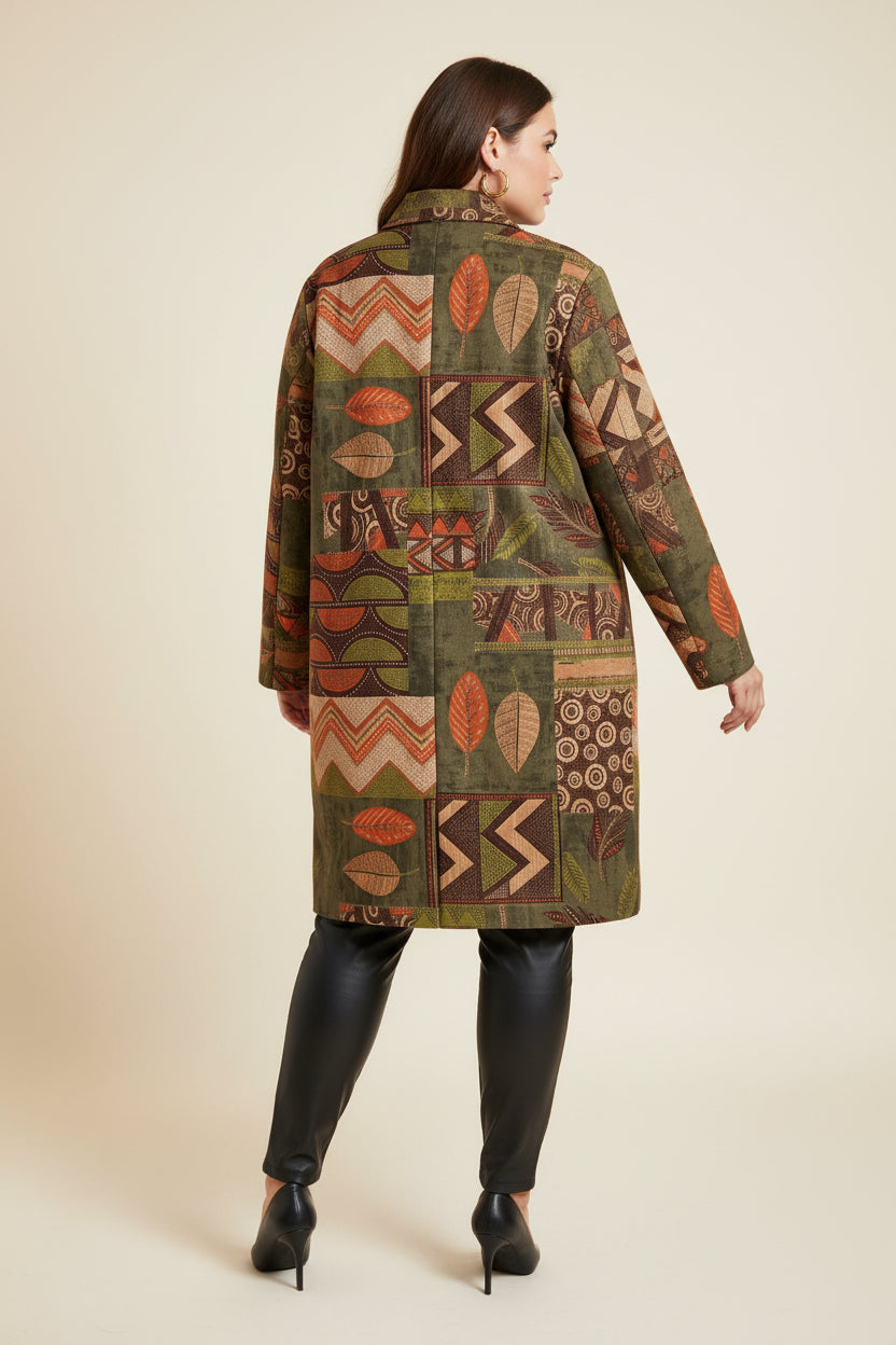 Abrigo Largo Antelina Estampado Patchwork Étnico Verde Terracota Curvy | YOLYKKE
