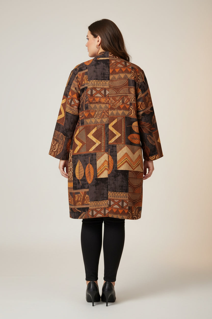 Abrigo Largo Antelina Patchwork Étnico Marrón Negro Dorado Media Cremallera Curvy | YOLYKKE