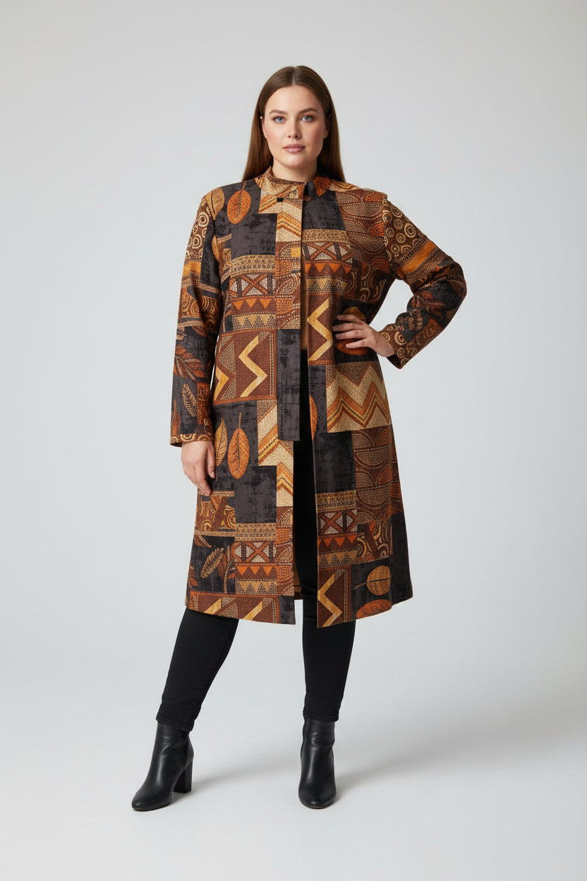Abrigo Largo Antelina Patchwork Étnico Marrón Negro Dorado Media Cremallera Curvy | YOLYKKE
