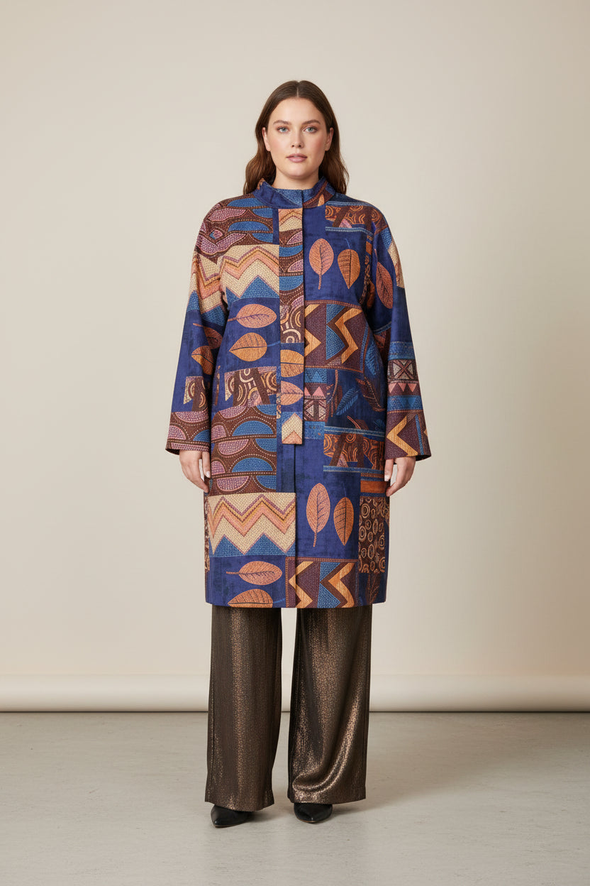 Abrigo Largo Antelina Patchwork Étnico Azul Índigo Curvy | YOLYKKE