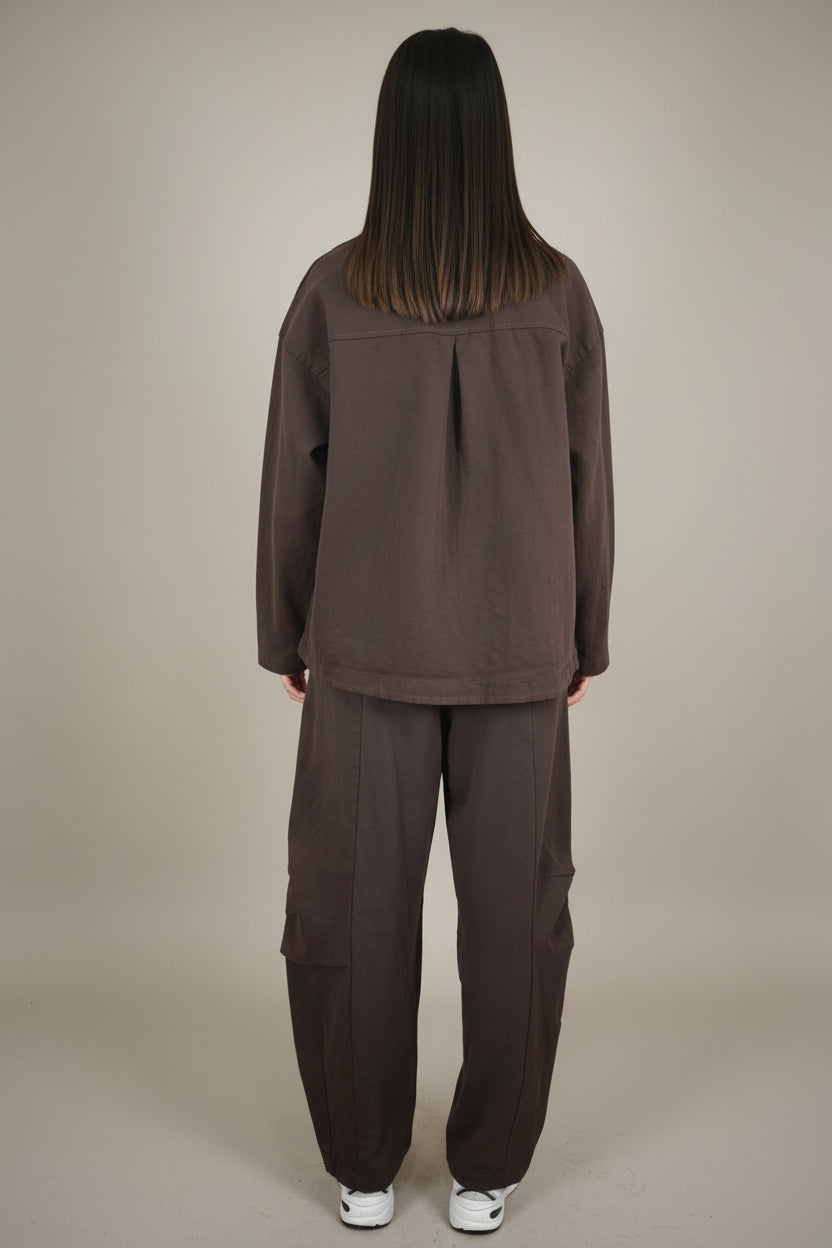Blazer Croisé Asymétrique Bimatière Coton Denim Marron Chocolat | YOLYKKE
