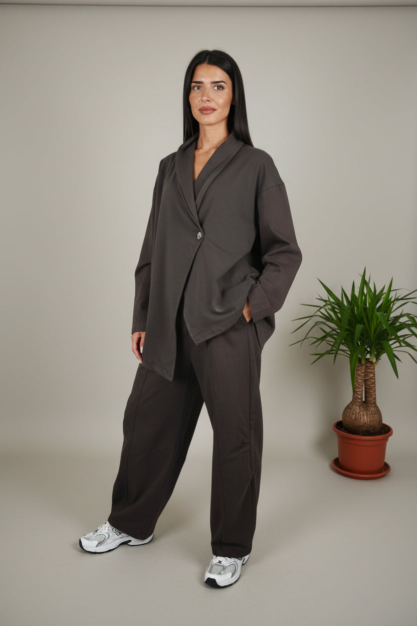 Blazer Croisé Asymétrique Bimatière Coton Denim Marron Chocolat | YOLYKKE