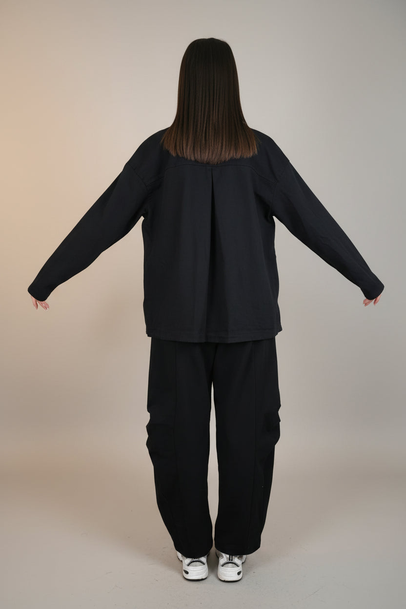 Blazer Croisé Asymétrique Bimatière Coton Denim Noir | YOLYKKE