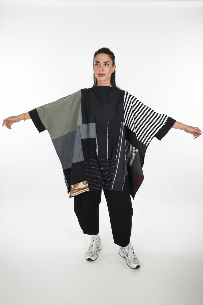 Camicia Kimono Patchwork Artistico con Tessuti Misti e Orlo Asimmetrico | Wendy Trendy