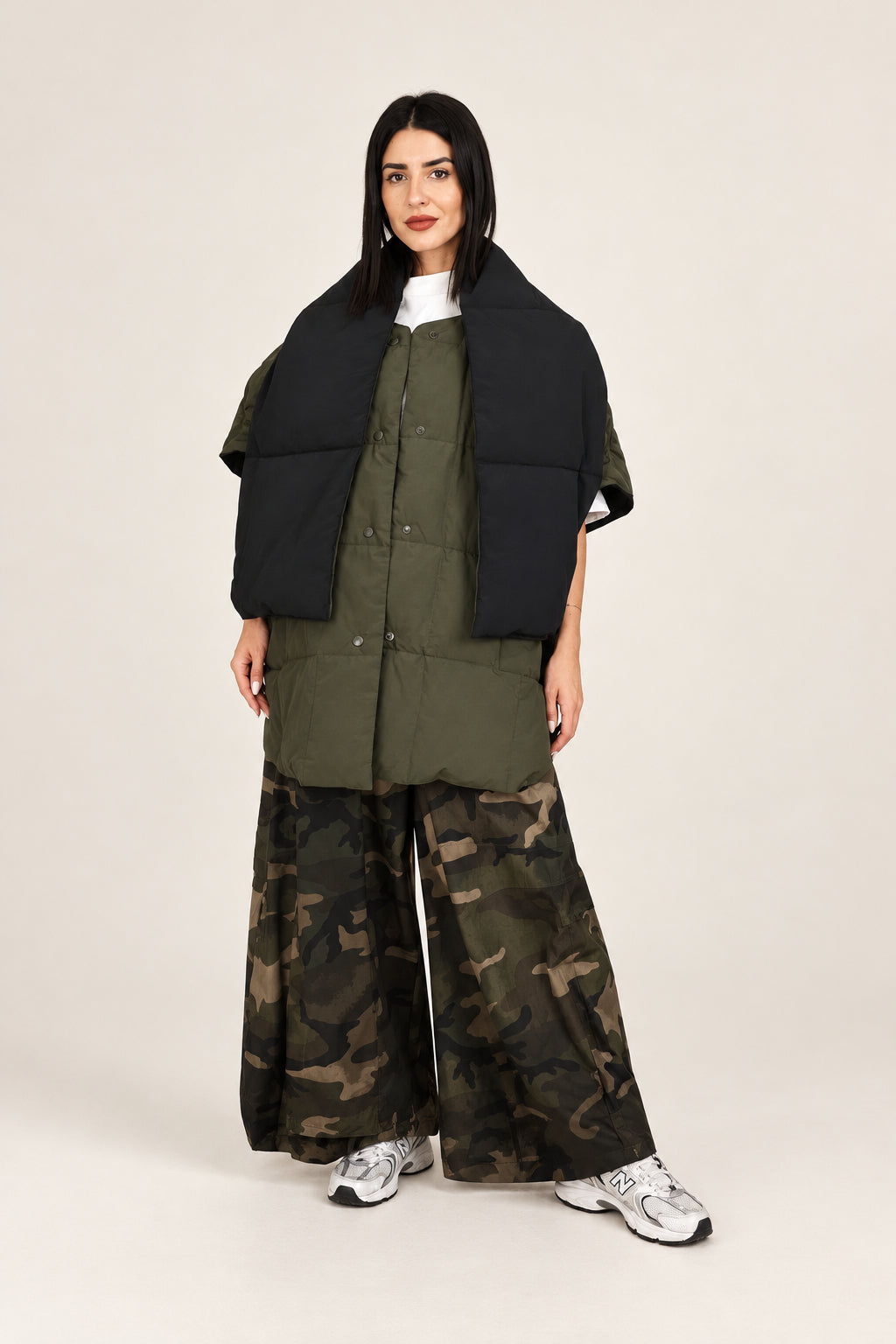Reversible Puffer Coat with Batwing Sleeves, Integrated Scarf, Japanese Style | Nefelibata