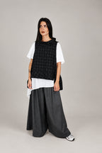Gilet Oversize Carreaux Vichy Noir Revers Asymétriques | Wendy Trendy