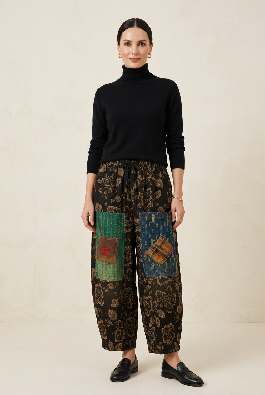 Pantalon Harem Rayures Japonaises Poches Broderie Chance Cordon Cuir | Nefelibata