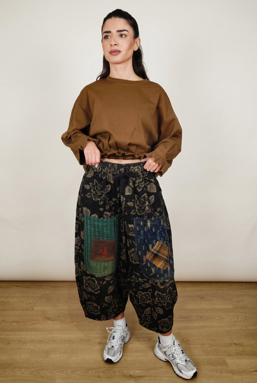 Pantalon Harem Rayures Japonaises Poches Broderie Chance Cordon Cuir | Nefelibata