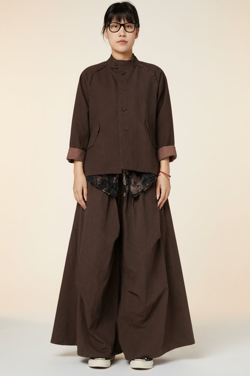 Chaqueta Vaquero Efecto Lavado Cuello Mao Botones Chinos Marrón | Wendy Trendy