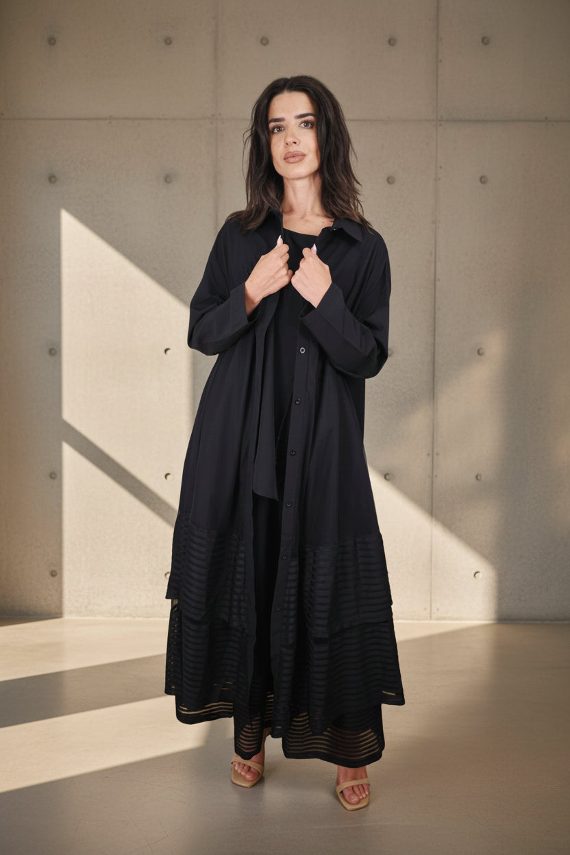 Vestido Chaqueta Maxi Tül Rayas Horizontales Negro | Nefelibata