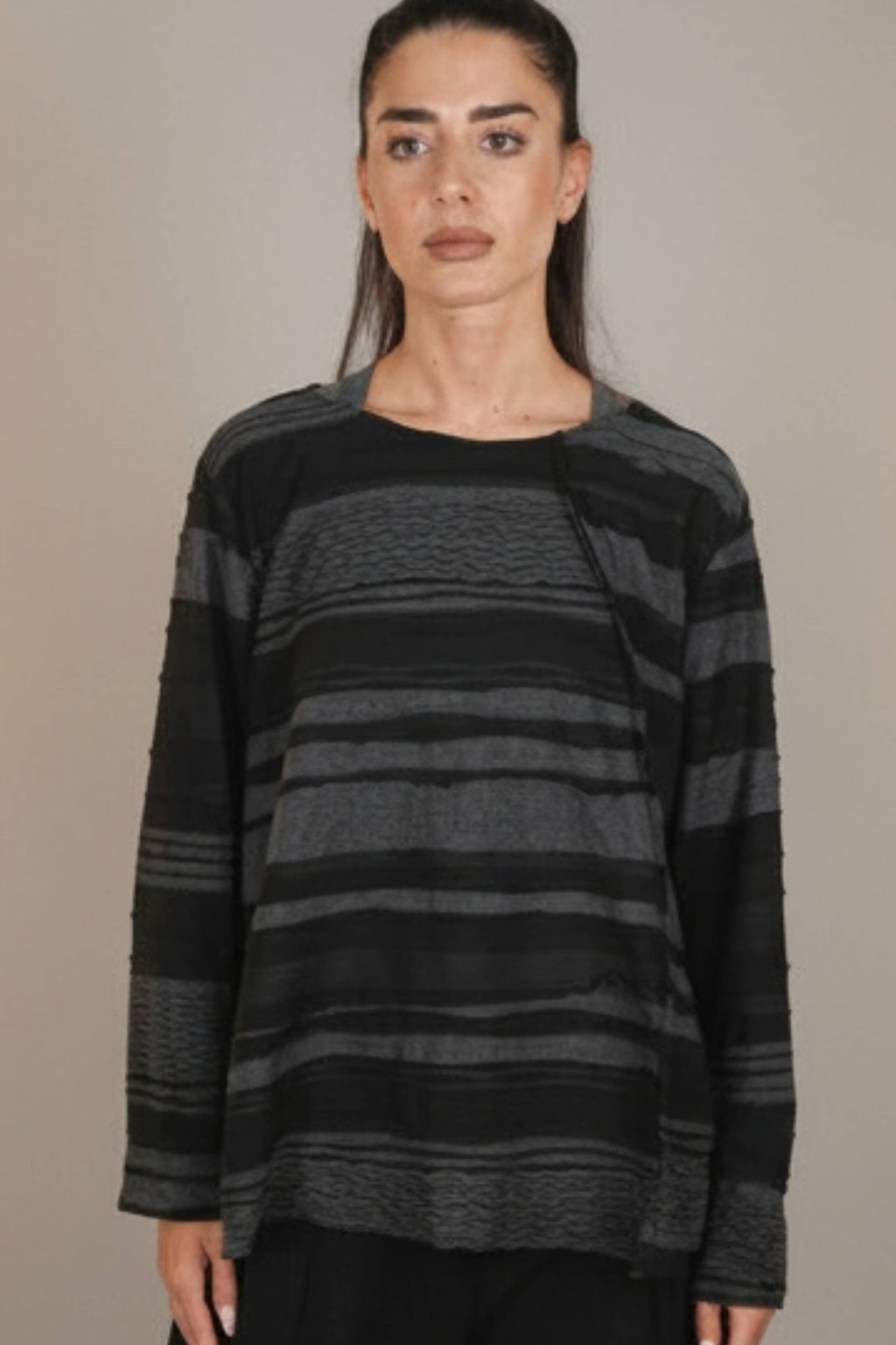 Textured Striped Smocked T-Shirt 3/4 Sleeve | Wendy Trendy