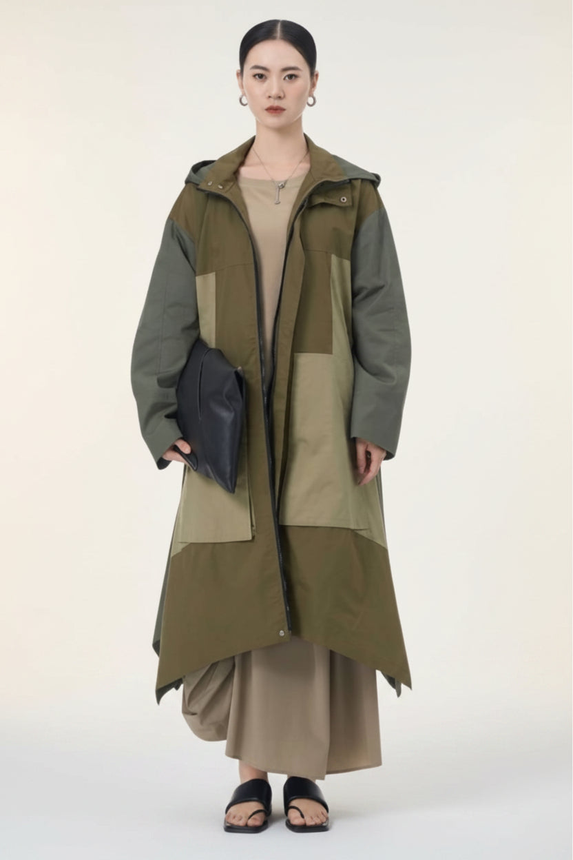Gabardina Patchwork Color Block Asimétrica Capucha Negro Kaki Camel | Nefelibata