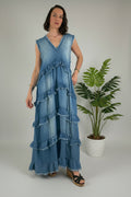 Vestido Largo Denim Capas Deshilachadas
