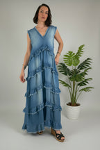 Vestido Largo Denim Capas Deshilachadas