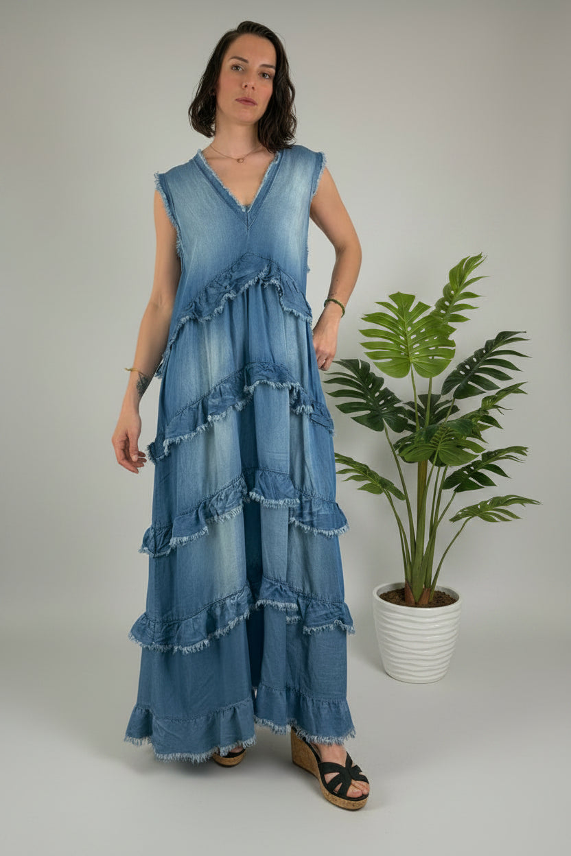 Vestido Largo Denim Capas Deshilachadas