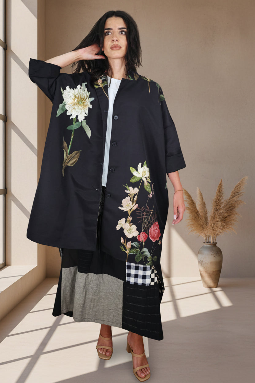 Kimono Wendy Trendy Negro Botánico Flores