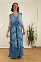 Vestido Largo Denim Capas Deshilachadas