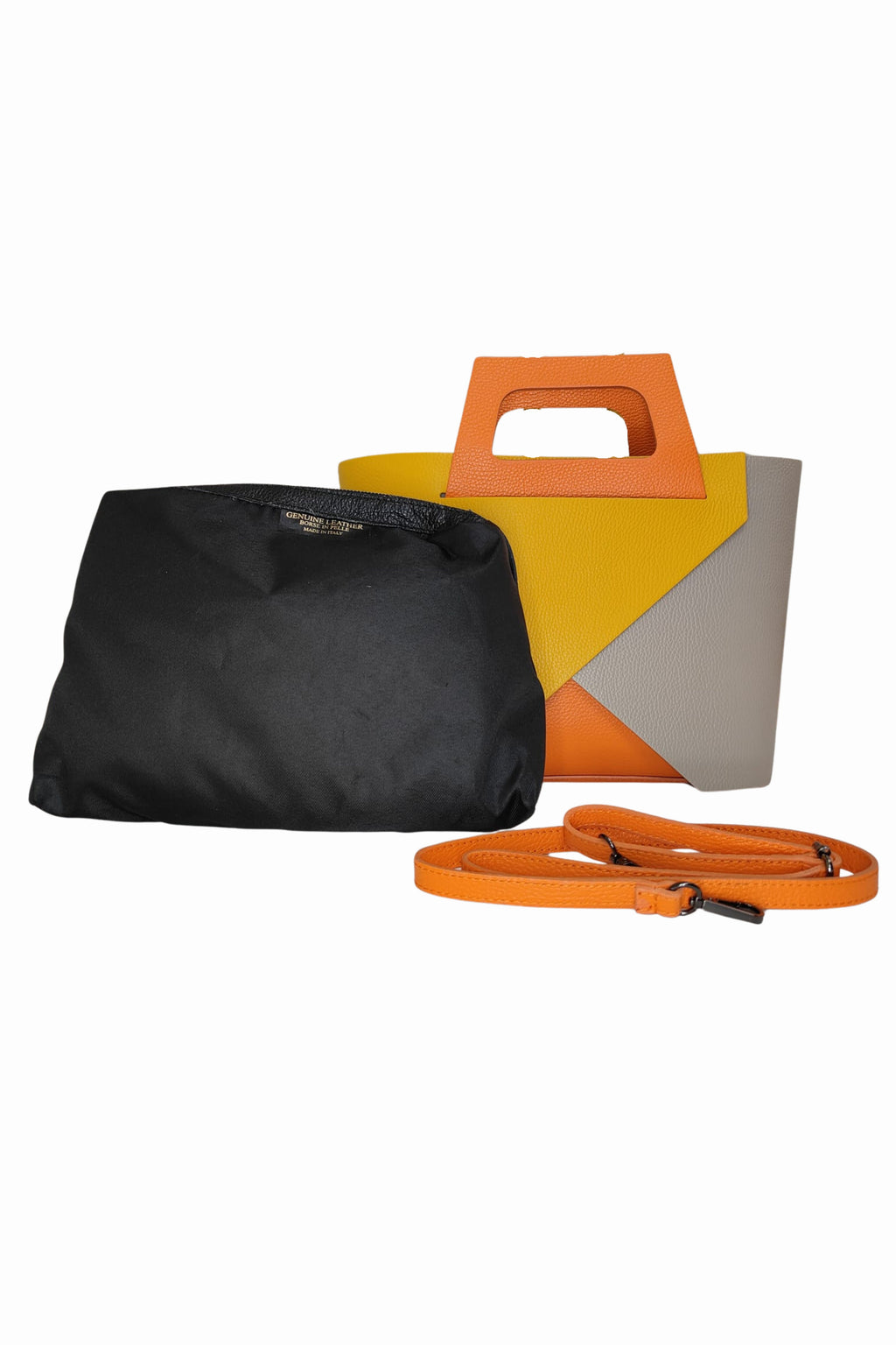 Bolso Multicolor Cuero Geométrico Gris Amarillo y Naranja