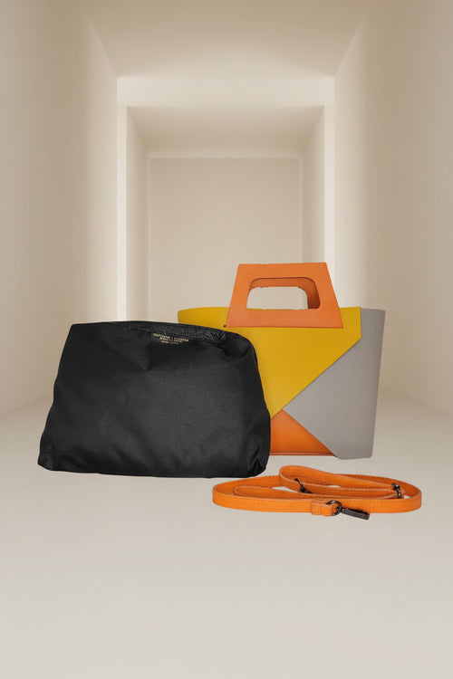 Bolso Multicolor Cuero Geométrico Gris Amarillo y Naranja