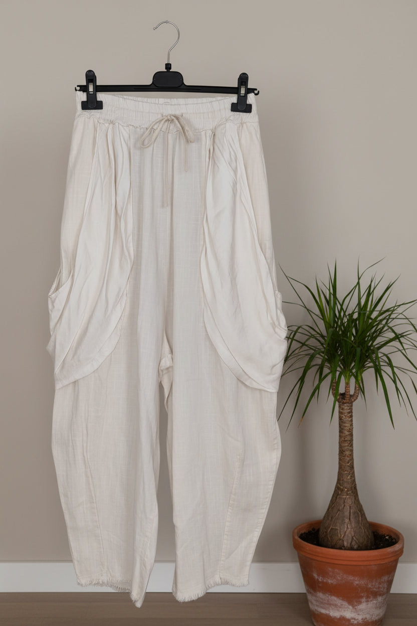 Pantalón Bombacho Textura Lino Bolsillos Caídos |YOLYKKE
