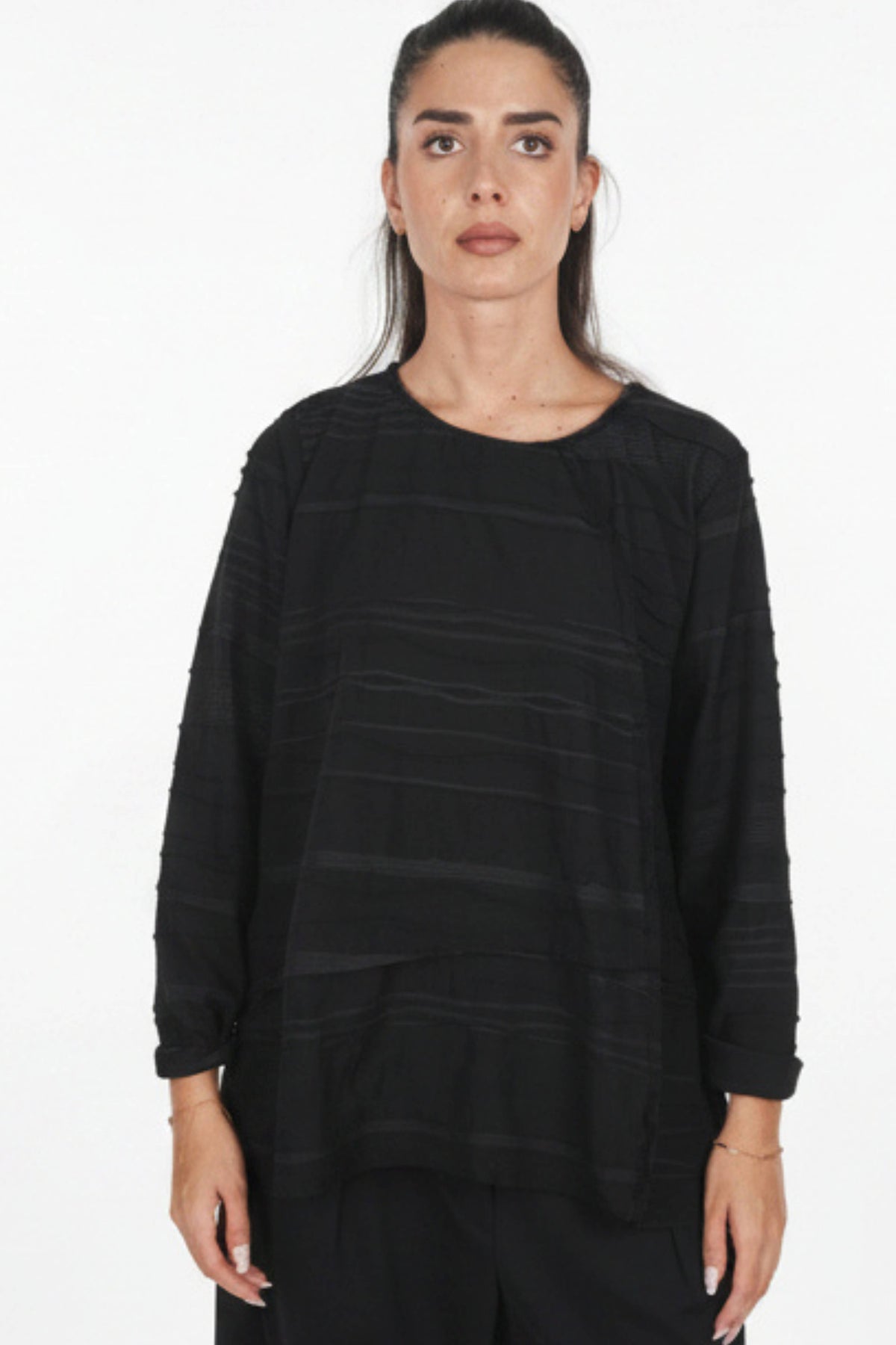 Textured Striped Smocked T-Shirt 3/4 Sleeve | Wendy Trendy