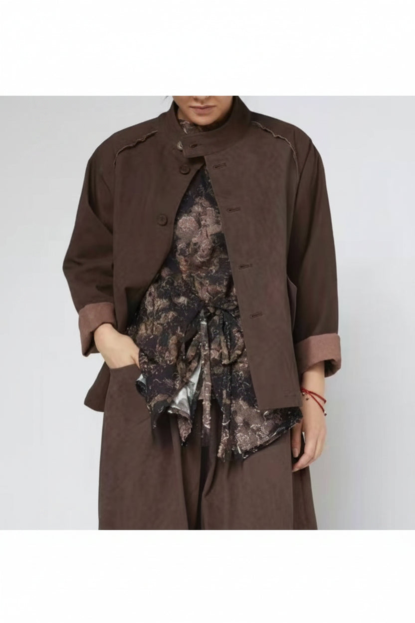 Chaqueta Vaquero Efecto Lavado Cuello Mao Botones Chinos Marrón | Wendy Trendy