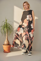Vestido Caftán Floral Tropical Negro