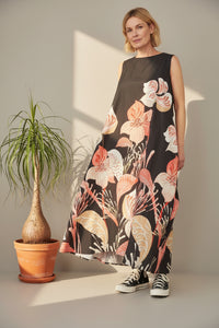 Vestido Caftán Floral Tropical Negro