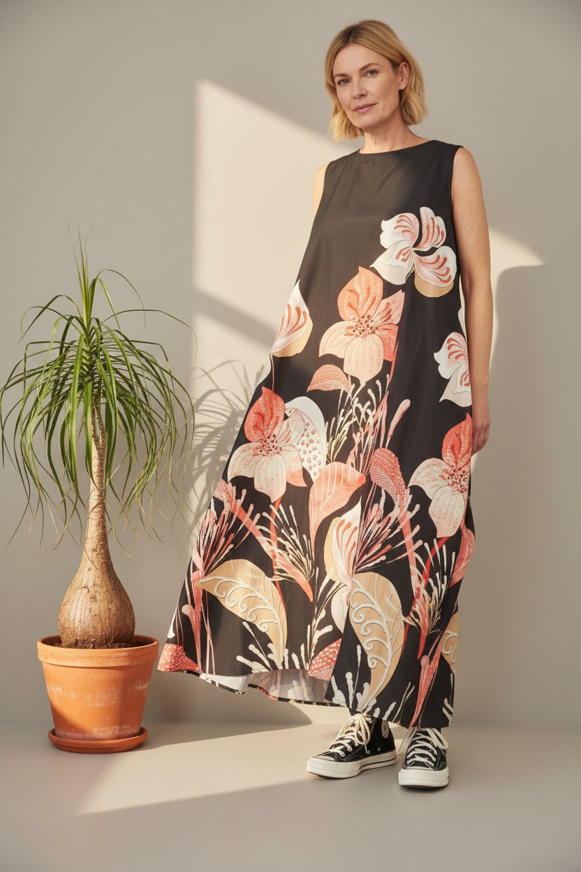 Vestido Caftán Floral Tropical Negro