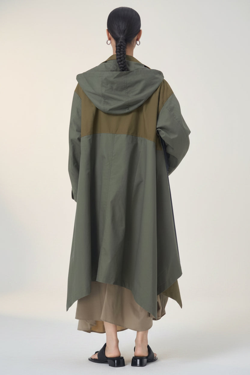 Gabardina Patchwork Color Block Asimétrica Capucha Negro Kaki Camel | Nefelibata