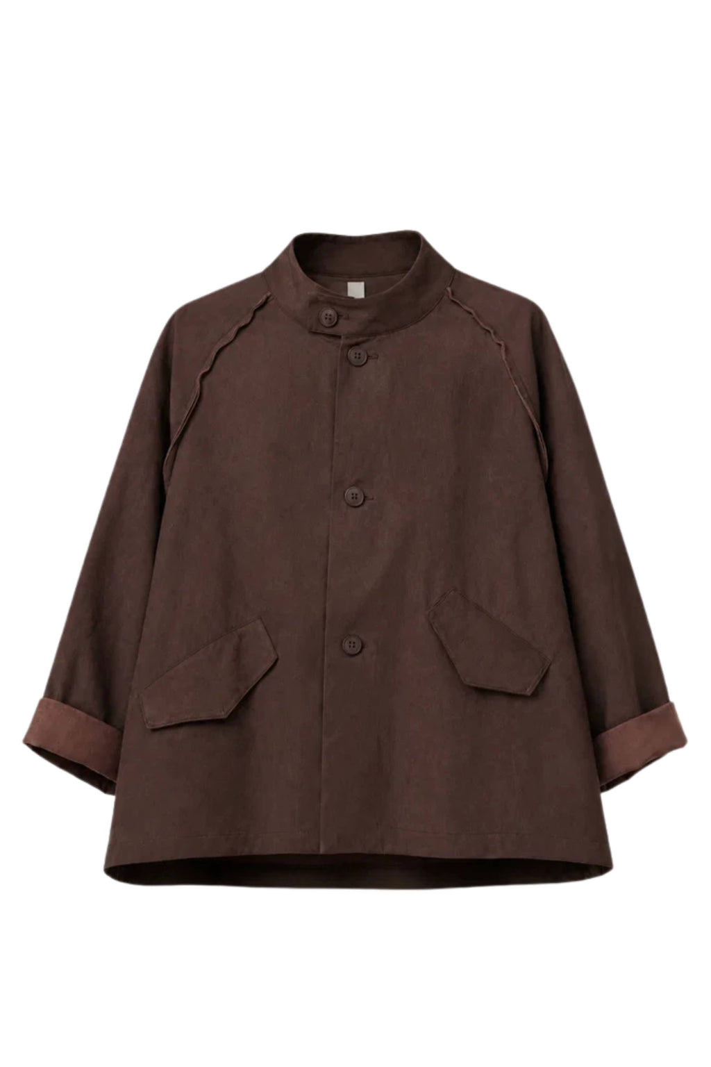 Chaqueta Vaquero Efecto Lavado Cuello Mao Botones Chinos Marrón | Wendy Trendy