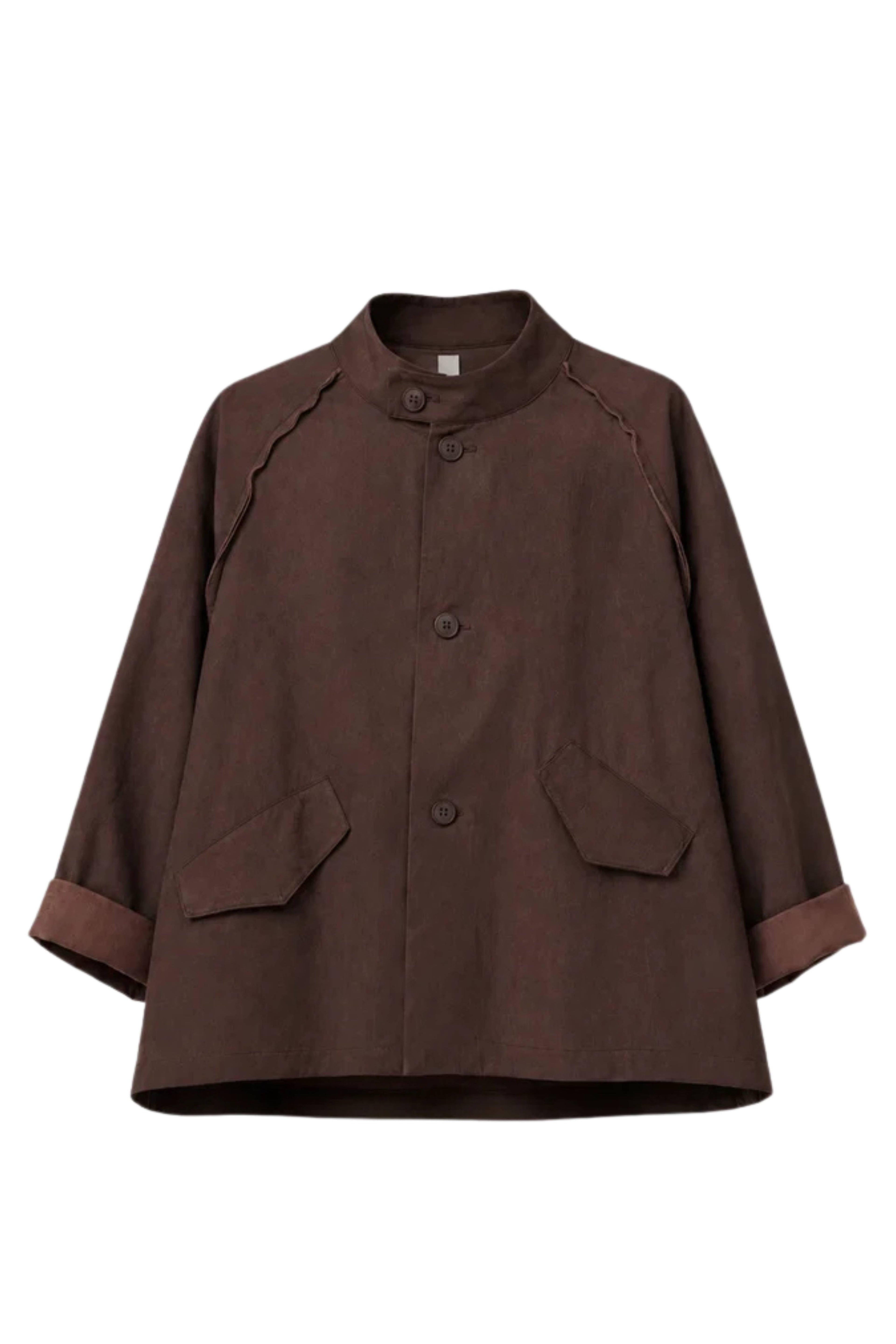 Chaqueta Vaquero Efecto Lavado Cuello Mao Botones Chinos Marrón | Wendy Trendy